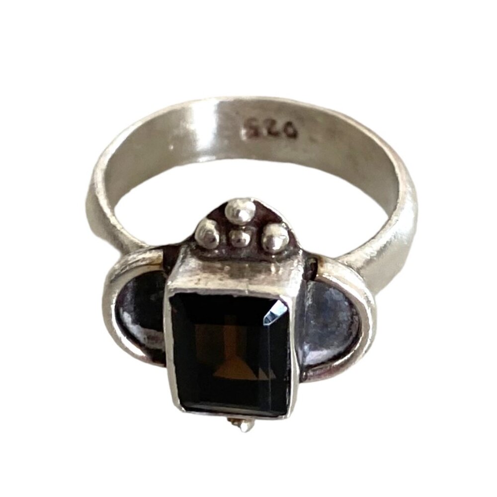 Sterling Silver Smoke Quartz Emerald cut  stamped modernist